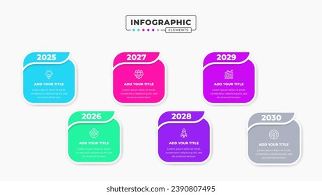 Vector timeline infographic design template with icons and six options or steps It can be used for process diagrams, presentations, workflow layouts, banners, and flow charts.