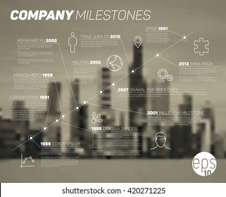 Vector timeline Infographic Diagonal  report template  with icons and  blurred city background. Urban version