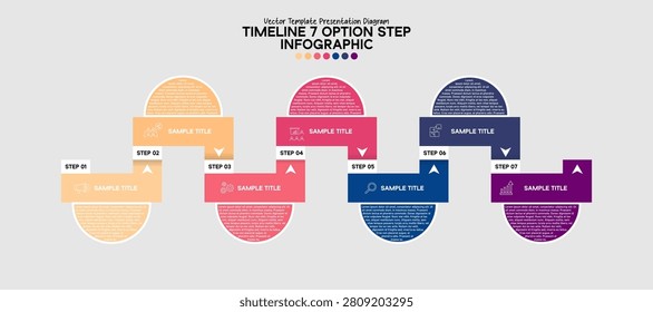 Vector timeline infographic diagram with 7 steps options for visual presentations. editable EPS vector.