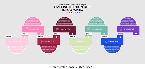 Vector timeline infographic diagram with 8 steps options for visual presentations. editable EPS vector.