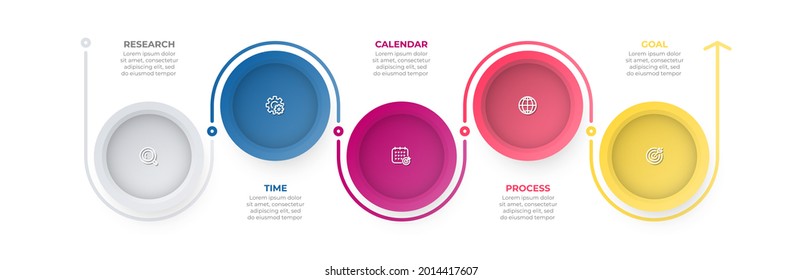 Vector timeline infographic label design with circle and icons. Business concept with 5 options or steps.