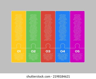 Vector timeline infographic process on 5 parts, options or processes. Template time line for diagram, graph, presentation and chart. Five steps jigsaw info graphic for business, idea, flow concept