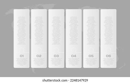 Vector timeline infographic process on 6 parts, options or processes. Template time line for diagram, graph, presentation and chart. Six steps glass rectangle jigsaw for business, flow concept