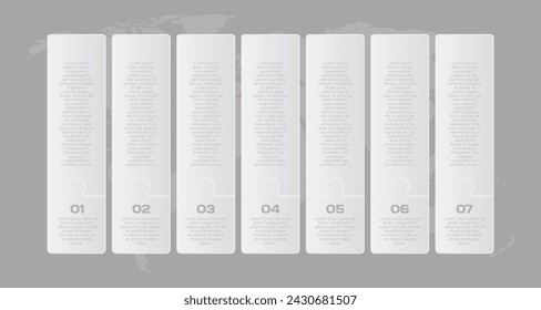 Vector timeline infographic process on 7 parts, options or processes. Template time line for diagram, graph, presentation and chart. Seven steps column jigsaw info graphic for business, flow concept