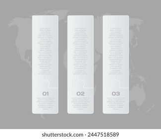 Vector timeline infographic process on 3 parts, options or processes. Template time line for diagram, graph, presentation and chart. Three steps column jigsaw info graphic for business, flow concept