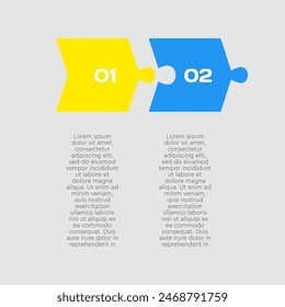 Vector timeline infographic process on 2 parts, options or processes. Template time line for diagram, graph, presentation and chart. Two steps arrow jigsaw info graphic for business, flow concept