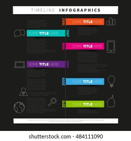 Vector timeline Infographic report template with paper stripes and icons, dark version