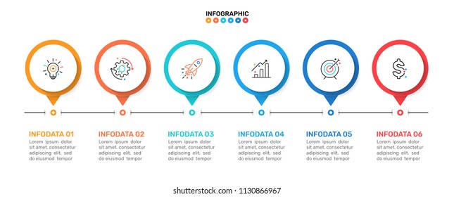 Vector timeline infographic template. Business concept with 6 steps, options or processes and marketing icons. Can be used for workflow diagram, flowchart, presentation or web design.