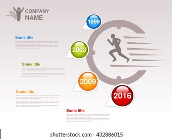 Vector timeline. Infographic template. Timeline with colorful milestones - blue, green, orange, red. Pointer of individual years. Graphic design with clock and fast runner. Profile of company.
