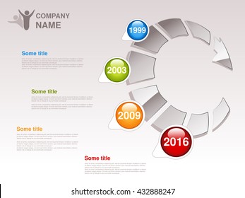 Vector timeline. Infographic template. Timeline with colorful milestones - blue, green, orange, red. Pointer of individual years. Graphic design with grey circular arrow. Profile of company.
