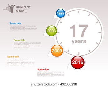 Vector timeline. Infographic template for company. Timeline with colorful milestones - blue, green, orange, red. Pointer of individual years. Graphic design with clock. Profile of company.
