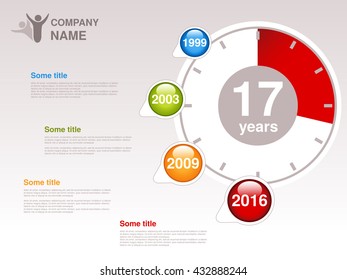 Vector timeline. Infographic template for company. Timeline with colorful milestones - blue, green, orange, red. Pointer of individual years. Graphic design with clock. Profile of company.
