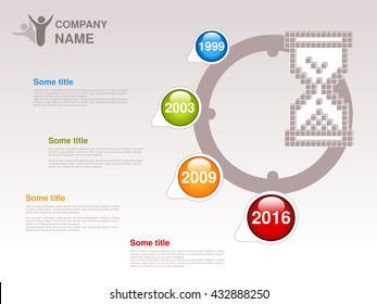 Vector timeline. Infographic template for company. Timeline with colorful milestones - blue, green, orange, red. Pointer of individual years. Graphic design with clock, hourglass. Profile of company.
