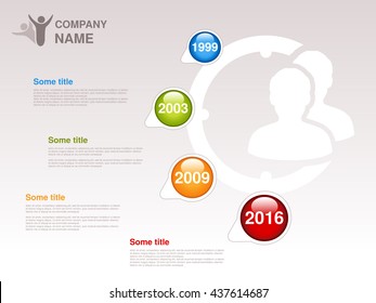 Vector timeline. Infographic template for company. Timeline with colorful milestones - blue, green, orange, red. Pointer of individual years. Clock and silhouettes businessman. Profile of company.
