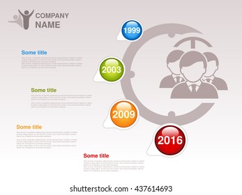 Vector timeline. Infographic template for company. Timeline with colorful milestones - blue, green, orange, red. Clock and silhouettes businessmen,  community of business people. Profile of company.
