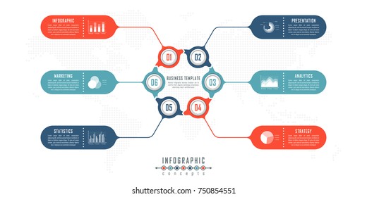 Vector timeline infographics for chart, diagram, web design, presentation, workflow layout. Business concept with 6 options, parts, steps or processes