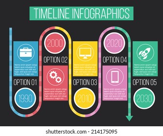 Vector Timeline Infographics. Creative Retro Design Concept Infographics Template with Round Icons Isolated on Stylish Dark Black Background.
