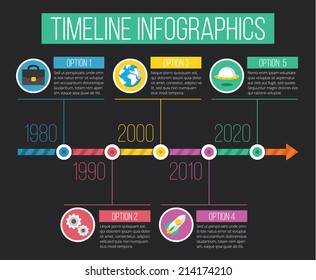 Vector Timeline Infographics. Flat Design Concept Infographics Template with Flat Icons. Isolated on Stylish Dark Black Background.