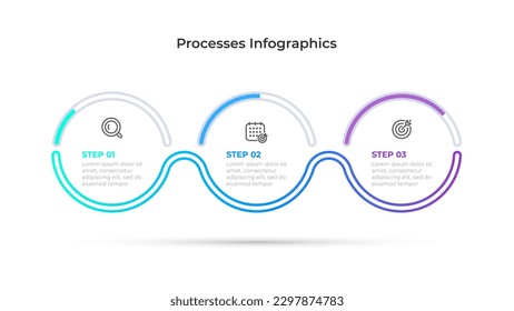 Vector timeline infographics label design with circles and marketing icons for Business process steps with 3 options.