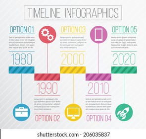 Vector Timeline Infographics. Retro Design Concept Infographics Template with Round Icons. Isolated on Stylish Gradient Background.