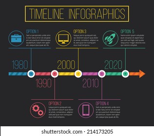 Vector Timeline Infographics. Retro Style Design Concept Infographics Template with Round Icons. Isolated on Stylish Dark Black Background.