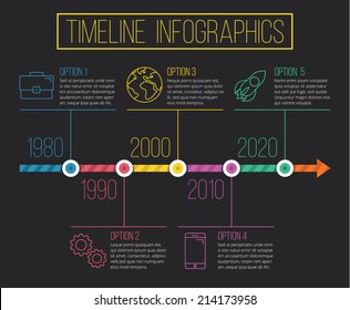 Vector Timeline Infographics. Retro Style Design Concept Infographics Template with Icons. Isolated on Stylish Dark Black Background.