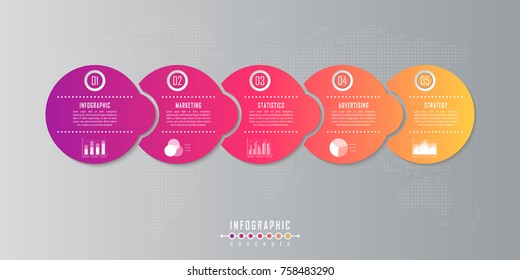 Vector timeline infographics template for chart, diagram, web design, presentation, workflow layout. Business infographics concept with 5 options, parts, steps or processes. Abstract background.