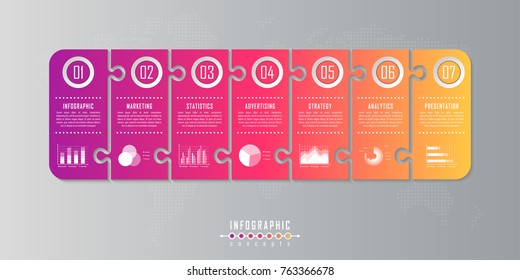 Vector timeline infographics template for chart, diagram, web design, presentation, workflow layout. Business infographics concept with 7 options, parts, steps or processes. Abstract background.