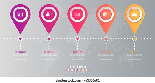 Vector timeline infographics template for chart, diagram, web design, presentation, workflow layout. Business infographics concept with 5 options, parts, steps or processes. Abstract background.