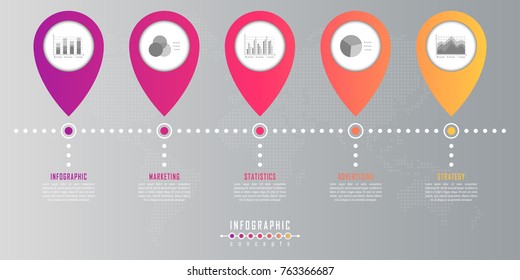 Vector timeline infographics template for chart, diagram, web design, presentation, workflow layout. Business infographics concept with 5 options, parts, steps or processes. Abstract background.