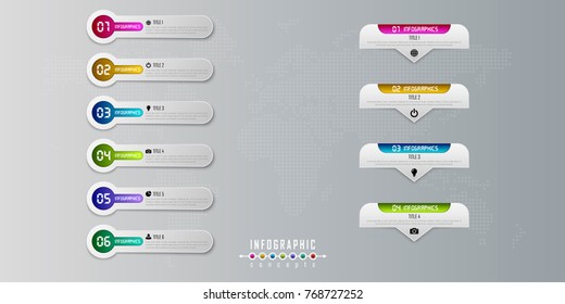 Vector timeline infographics template for chart, diagram, web design, presentation, workflow layout. Business infographics concept with 4, 6 options, parts, steps or processes. Abstract background.
