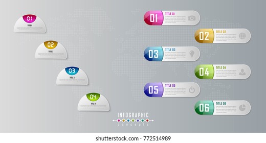 Vector timeline infographics template for chart, diagram, web design, presentation, workflow layout. Business infographics concept with 4, 6 options, parts, steps or processes. Abstract background.