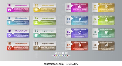 Vector timeline infographics template for chart, diagram, web design, presentation, workflow layout. Business infographics concept with 8 options, parts, steps or processes. Abstract background.