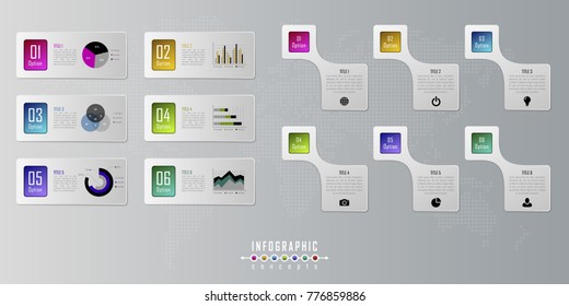 Vector timeline infographics template for chart, diagram, web design, presentation, workflow layout. Business infographics concept with 6 options, parts, steps or processes. Abstract background.