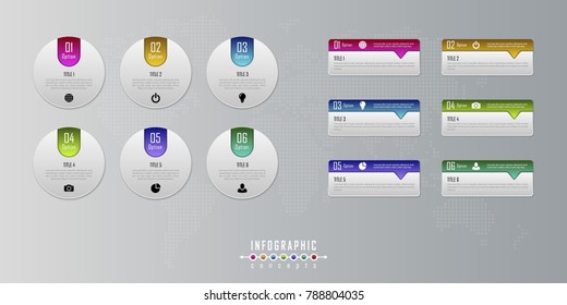 Vector timeline infographics template for chart, diagram, web design, presentation, workflow layout. Business infographics concept with 6 options, parts, steps or processes. Abstract background.