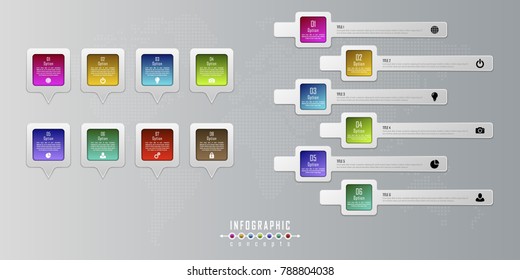 Vector timeline infographics template for chart, diagram, web design, presentation, workflow layout. Business infographics concept with 8, 6 options, parts, steps or processes. Abstract background.