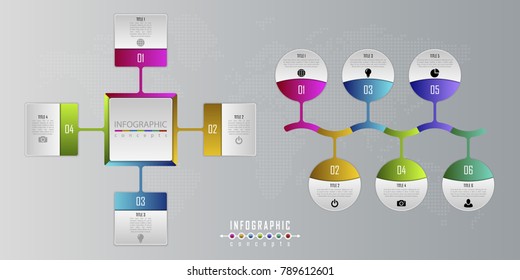 Vector timeline infographics template for chart, diagram, web design, presentation, workflow layout. Business infographics concept with 4, 6 options, parts, steps or processes. Abstract background.