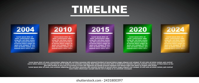 Hito de línea de tiempo vectorial con cinco iconos cuadrados de color con efecto de sombra de esquina. Para páginas web y carteles de la empresa