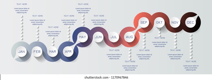 Vector Timeline Presentation For 1 Year, 12 Months.