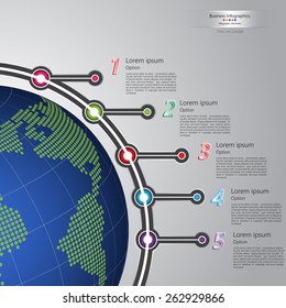 Vector Timeline Template, Colorful Circle With Number and Information Text Box, Wolrd Map on Abstract Gray Background, Timeline/Workflow Layout Design, Modern Template Design, Vector Illustration