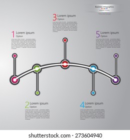 Vector Timeline Template, Curved Shapes, Colorful Circle With Number and Information Text on Abstract Gray Background, Timeline/Workflow/Element Layout Design, Vector Illustration