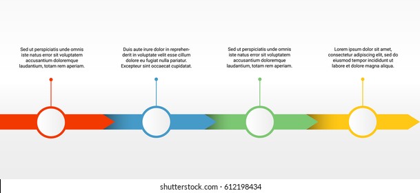 Vector timeline template with four colorful parts with blank circle buttons for icons or numbers and text