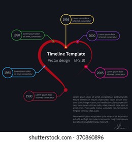 Vector timeline template on dark background with heart shape