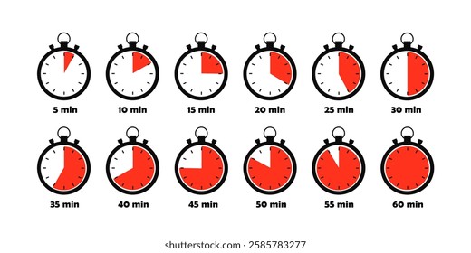 Vector timer clock stopwatch icons isolated on white background.	