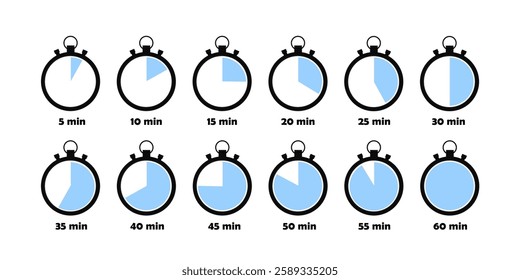 Vector timer clock stopwatch icons isolated on white background.	