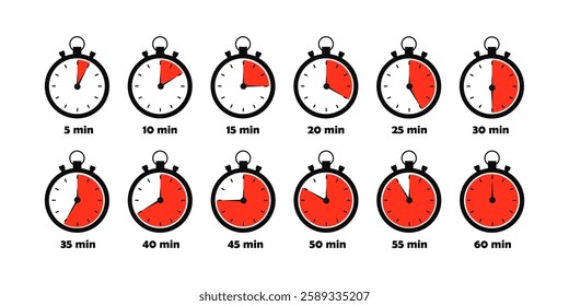 Vector timer clock stopwatch icons isolated on white background.	