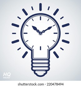 Vector timer and a electricity light bulb sign, brain storm conceptual icon - corporate problem solution theme. Wall clock with an hour hand. Graphic web insight emblem.