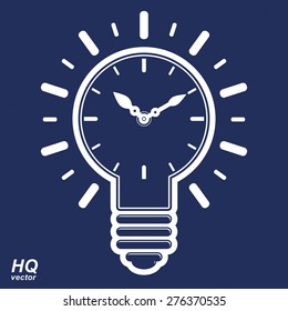 Vector timer and a electricity light bulb sign, brain storm conceptual icon - corporate problem solution theme. Wall clock with an hour hand. Graphic web insight emblem.