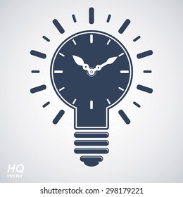 Vector timer and a electricity light bulb sign, brain storm conceptual icon - corporate problem solution theme. Wall clock with an hour hand. Graphic web insight emblem.
