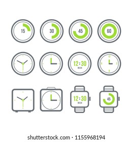 Vector timers set. Variety of the clock icons. Modern flat style.